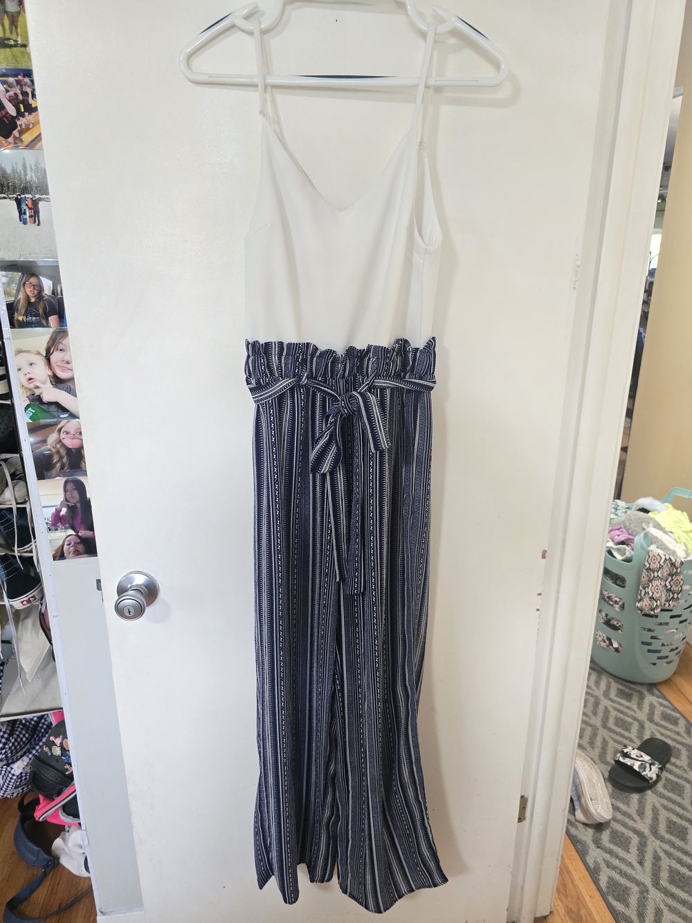 Justify Women's Sleeveless Wide Leg Jumpsuit White Navy Striped Paperbag Waist